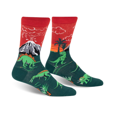 grey, brown, and green dinosaurs on green grass and yellow flowers with a red sunrise. men's crew.   