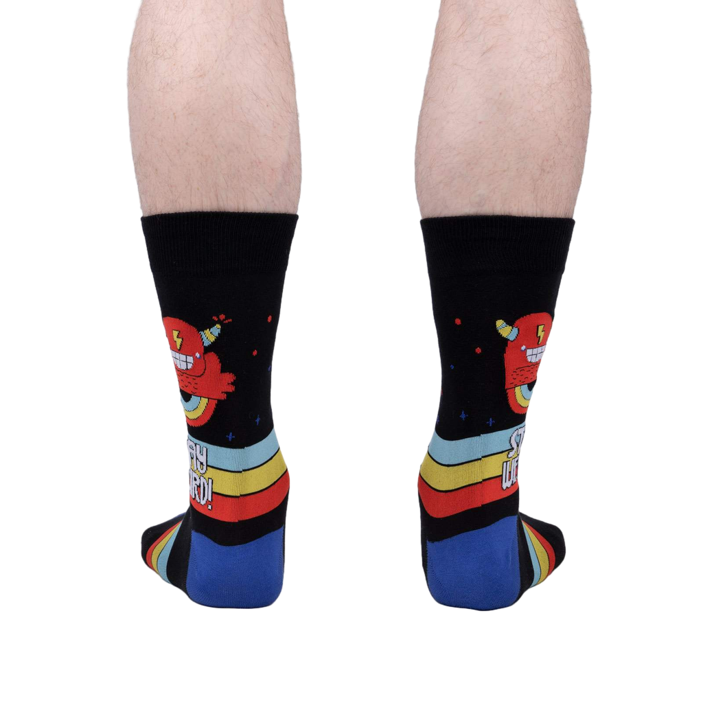 Back view of a pair of 'Stay Weird' socks; showcasing design details on the heel and back of the sock.