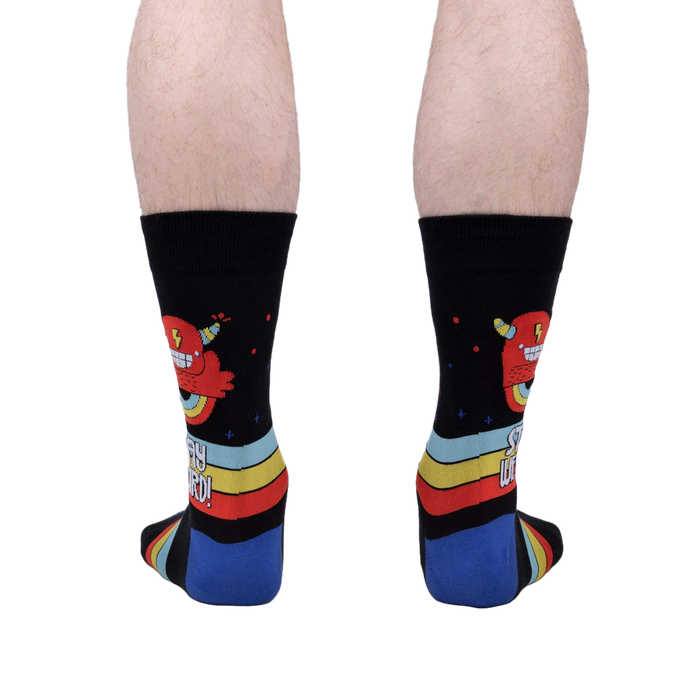 Back view of a pair of 'Stay Weird' socks; showcasing design details on the heel and back of the sock.