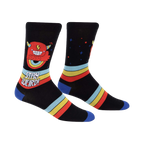 Crew socks in black with a red monster, retro stripes, and 'Stay Weird!' text.  Blue cuffs.