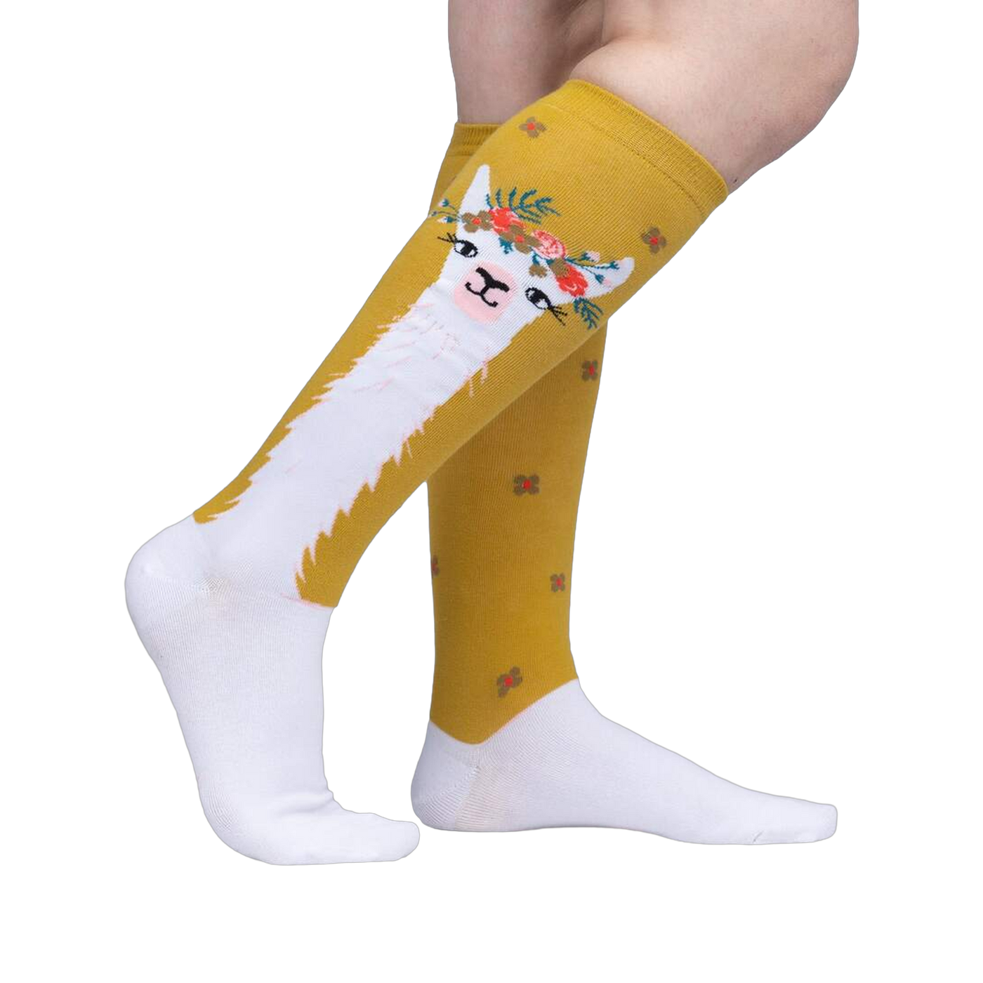 Lifestyle shot of Llama Queen knee-high socks on a woman's legs, showcasing the fit and style.