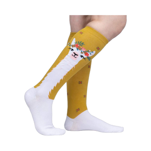 Lifestyle shot of Llama Queen knee-high socks on a woman's legs, showcasing the fit and style.