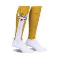 Pair of women's knee-high socks. Mustard yellow with white llama design wearing a flower crown. Small red and mustard flowers are scattered on the background.