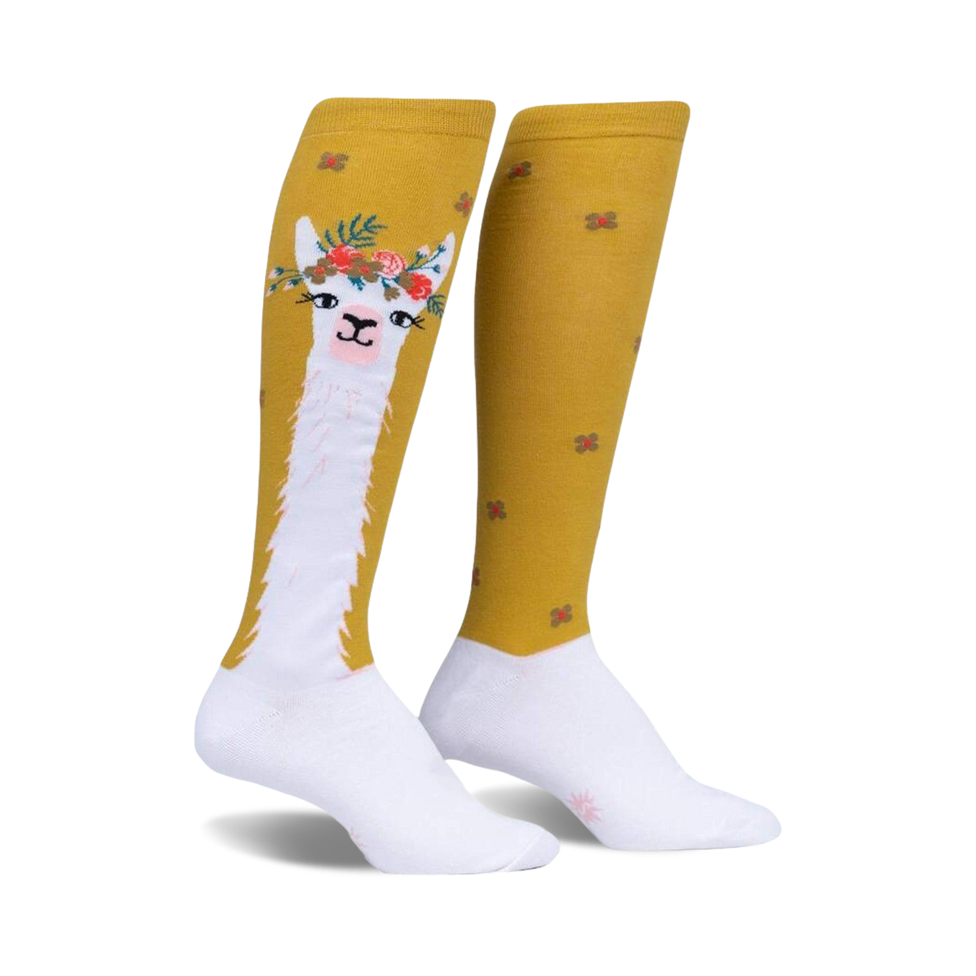Pair of women's knee-high socks. Mustard yellow with white llama design wearing a flower crown. Small red and mustard flowers are scattered on the background.