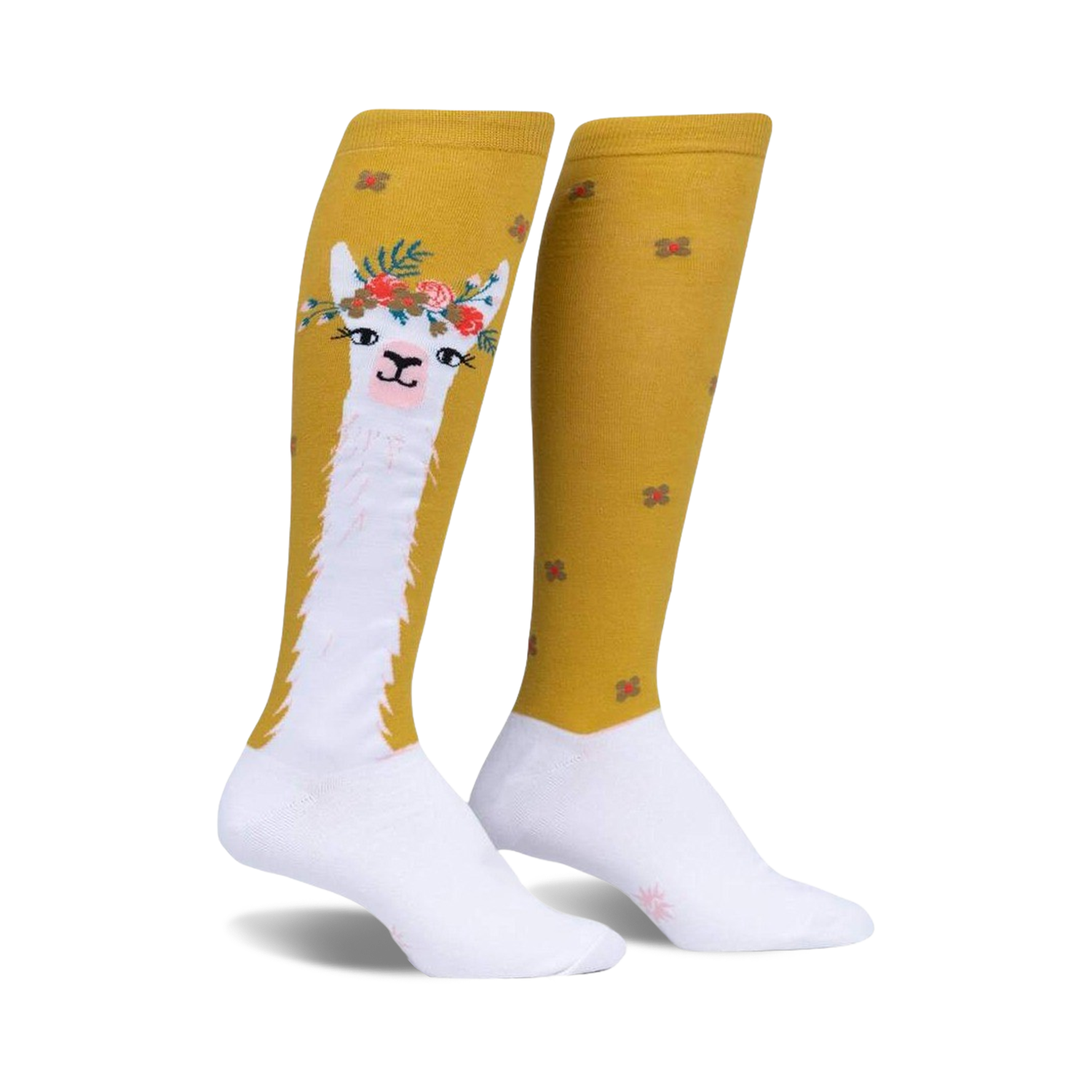 Pair of women's knee-high socks. Mustard yellow with white llama design wearing a flower crown. Small red and mustard flowers are scattered on the background.