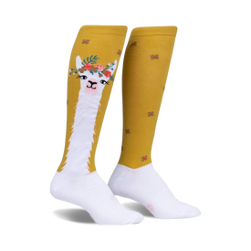 white & gold knee high socks with red, pink flowers, green stem + leaves; llama in flower crown   
