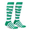 Green and white striped socks with shamrock pattern on a white background