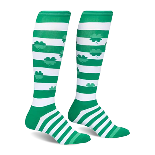 Green and white striped socks with shamrock pattern on a white background