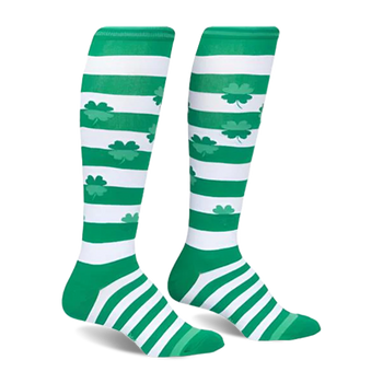 Green and white striped socks with shamrock pattern on a white background