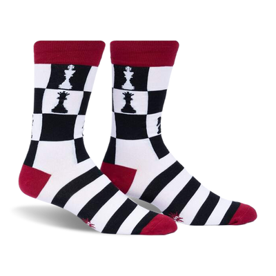 front view of a pair of socks. the socks are white with black stripes and a chessboard pattern featuring a black king and white queen. the top of the socks are red.