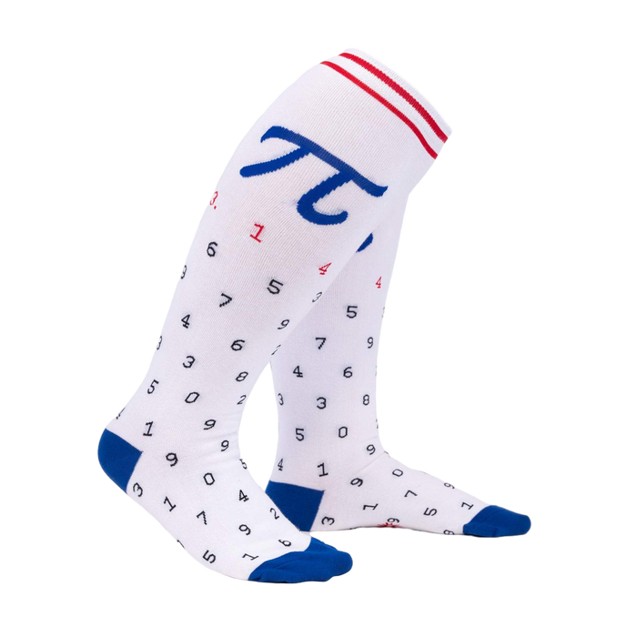 Lifestyle shot of a person's legs wearing the American Pi knee-high socks.