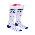 Pair of white knee-high socks with blue and red stripes and a Pi symbol and digits pattern.