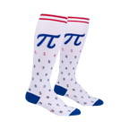 Pair of white knee-high socks with blue and red stripes and a Pi symbol and digits pattern.