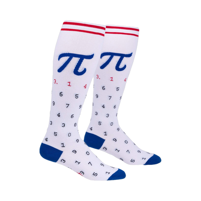 Pair of white knee-high socks with blue and red stripes and a Pi symbol and digits pattern.