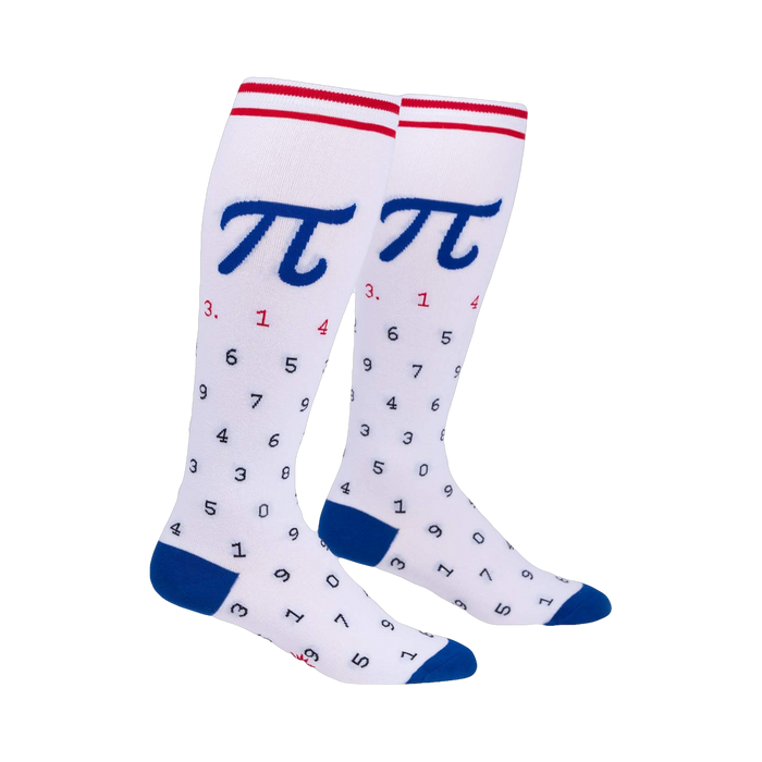 Pair of white knee-high socks with blue and red stripes and a Pi symbol and digits pattern.