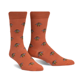 orange crew socks with brown and yellow bees; men's size.  