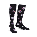 Pair of black knee-high socks with a repeating pattern of purple and red glow-in-the-dark eyeballs.