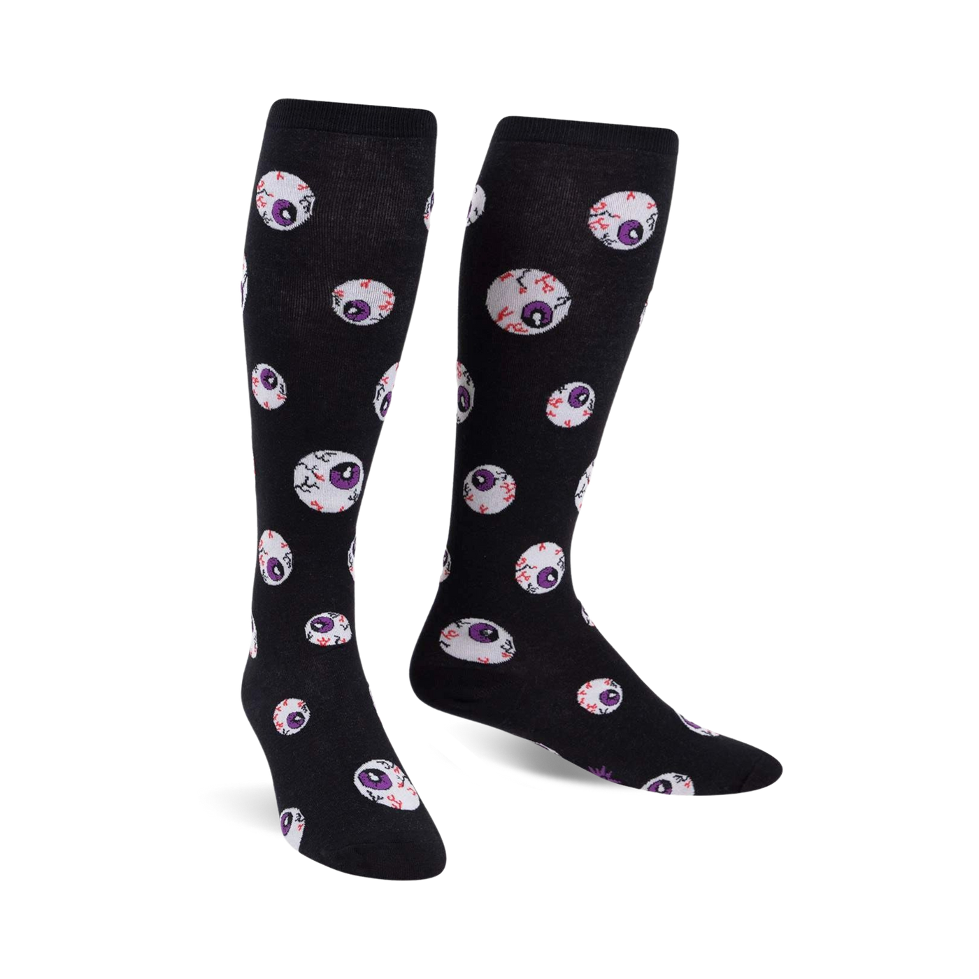 Pair of black knee-high socks with a repeating pattern of purple and red glow-in-the-dark eyeballs.
