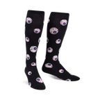 Pair of black knee-high socks with a repeating pattern of purple and red glow-in-the-dark eyeballs.