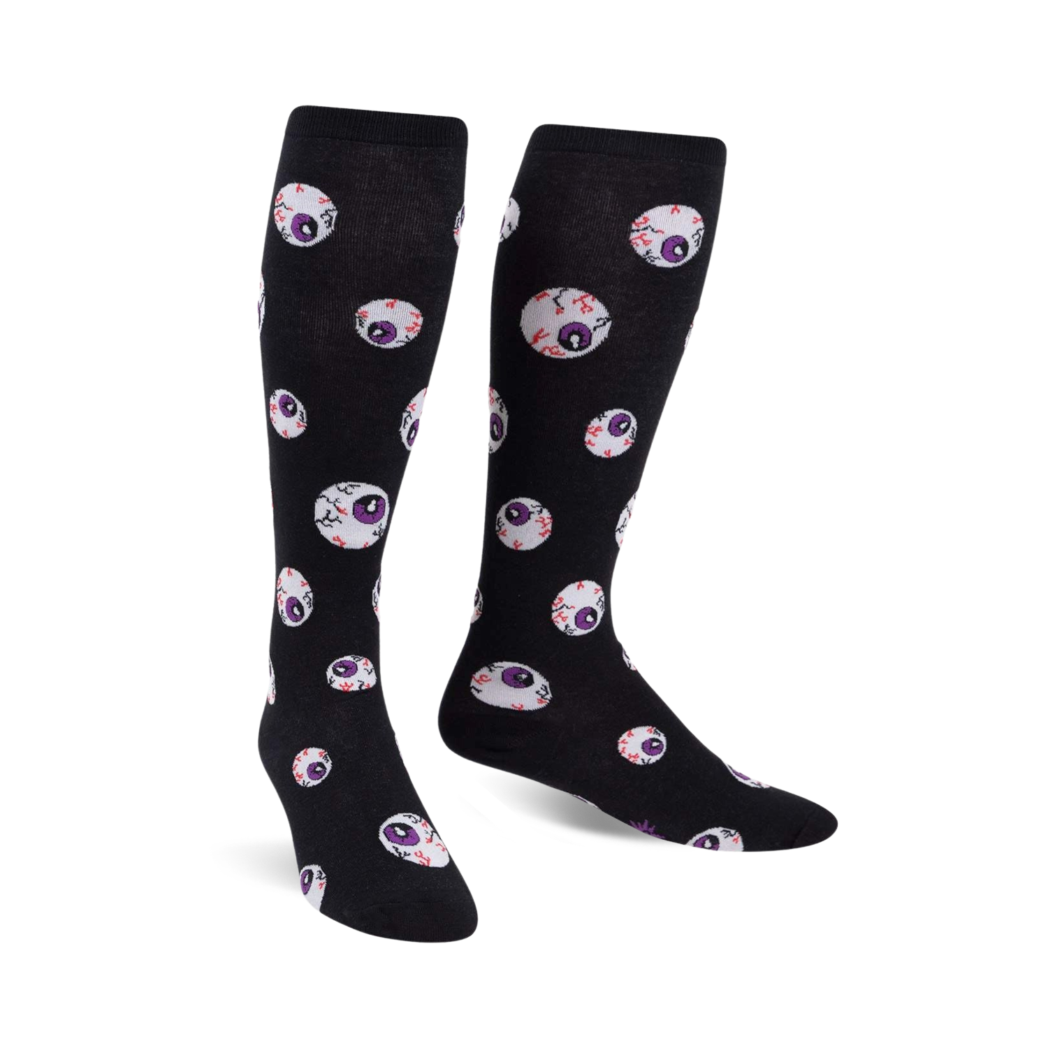 Pair of black knee-high socks with a repeating pattern of purple and red glow-in-the-dark eyeballs.