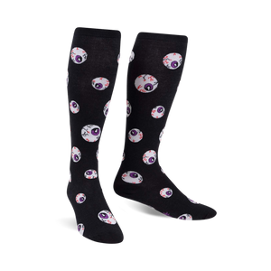 black knee-high socks with a purple eyeball and red veins pattern. 