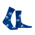 Lifestyle shot of a person wearing the 'Nice to Sea You' glow-in-the-dark jellyfish socks.