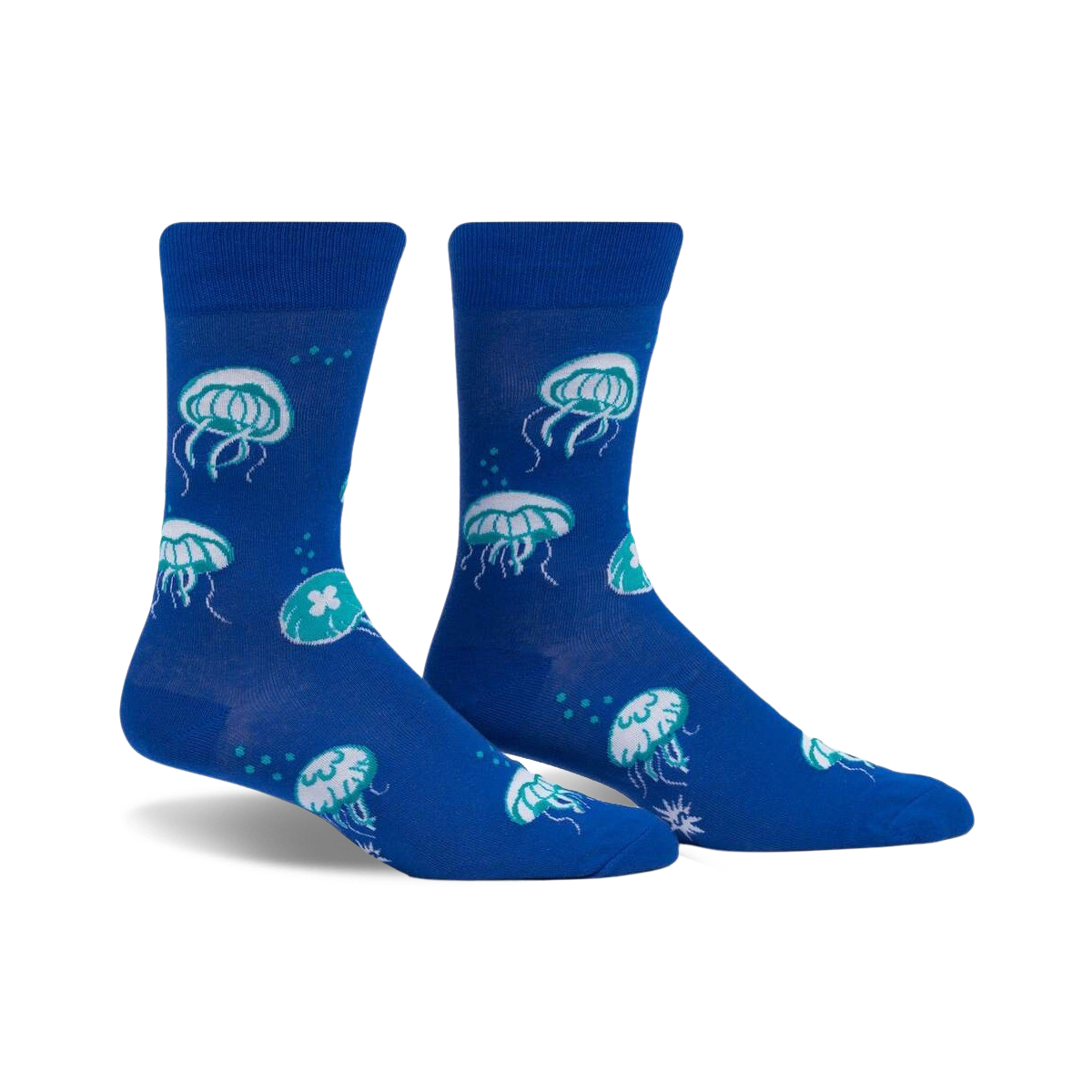 Pair of blue crew socks with a fun jellyfish pattern in teal and white.  The socks glow in the dark!