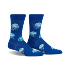 Pair of blue crew socks with a fun jellyfish pattern in teal and white.  The socks glow in the dark!