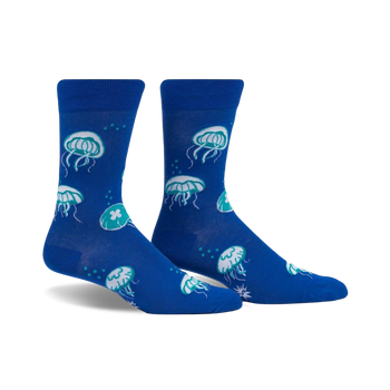 blue crew socks with jellyfish pattern in green, pink, and white.  