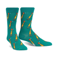 Teal crew socks with a repeating pattern of yellow chickens making funny faces.  A whimsical and humorous design.