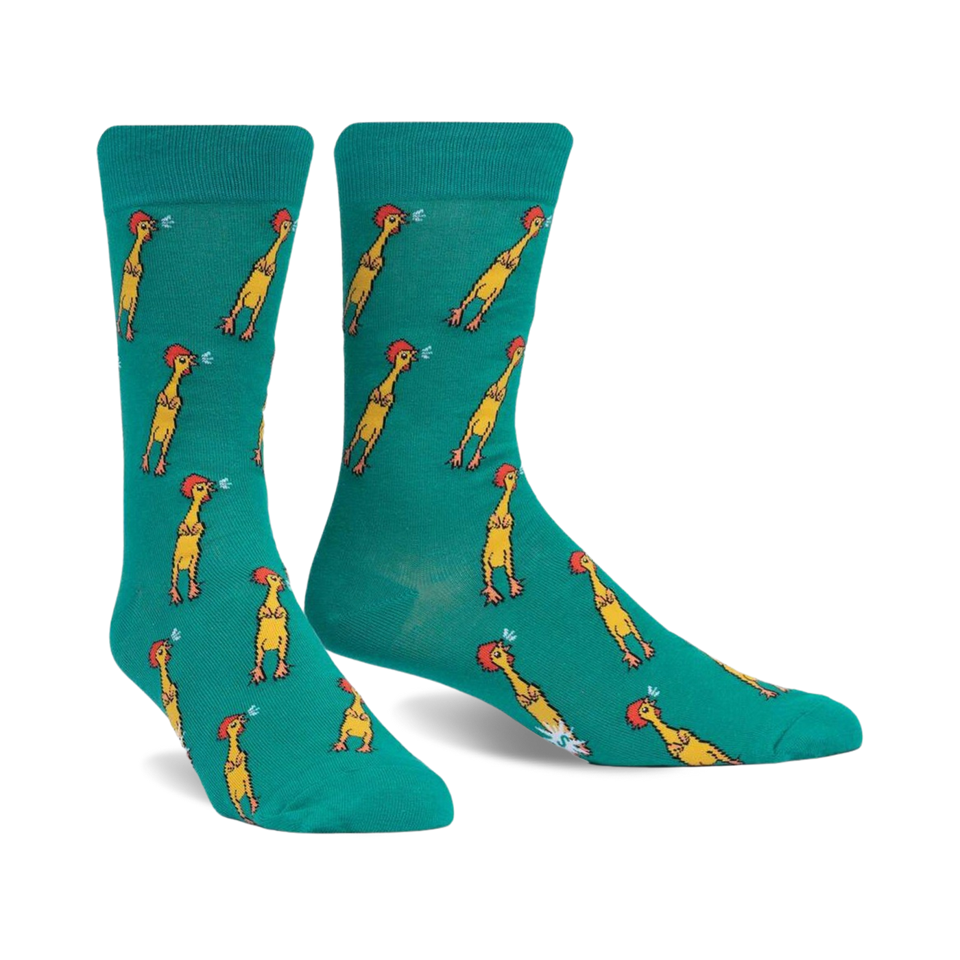 Teal crew socks with a repeating pattern of yellow chickens making funny faces.  A whimsical and humorous design.