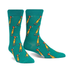 Teal crew socks with a repeating pattern of yellow chickens making funny faces.  A whimsical and humorous design.