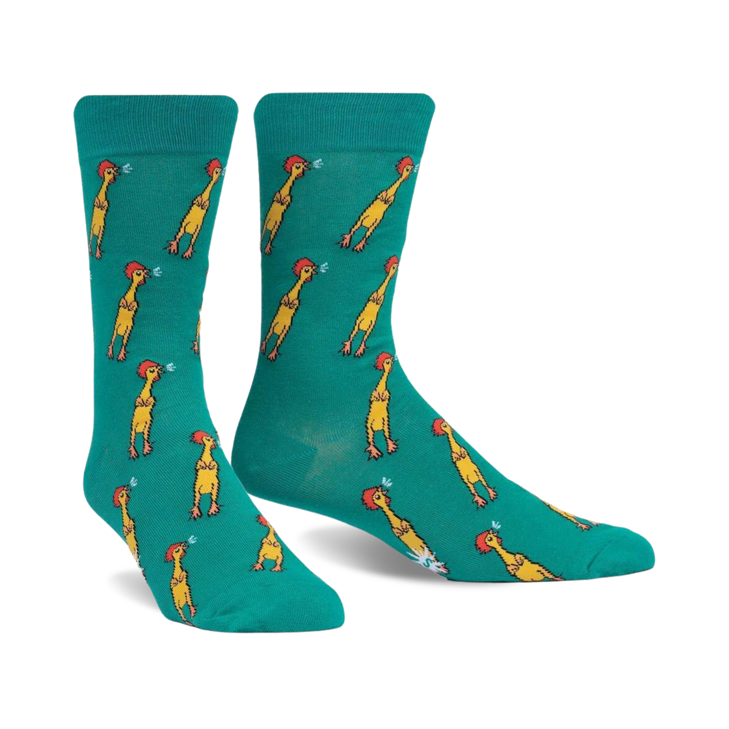 Teal crew socks with a repeating pattern of yellow chickens making funny faces.  A whimsical and humorous design.