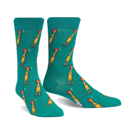 bright teal crew socks with yellow rubber chicken pattern. men's, soft, stretchy, ribbed cuff.  