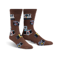Brown crew socks with a whimsical pattern of vintage and modern cameras in colorful details.