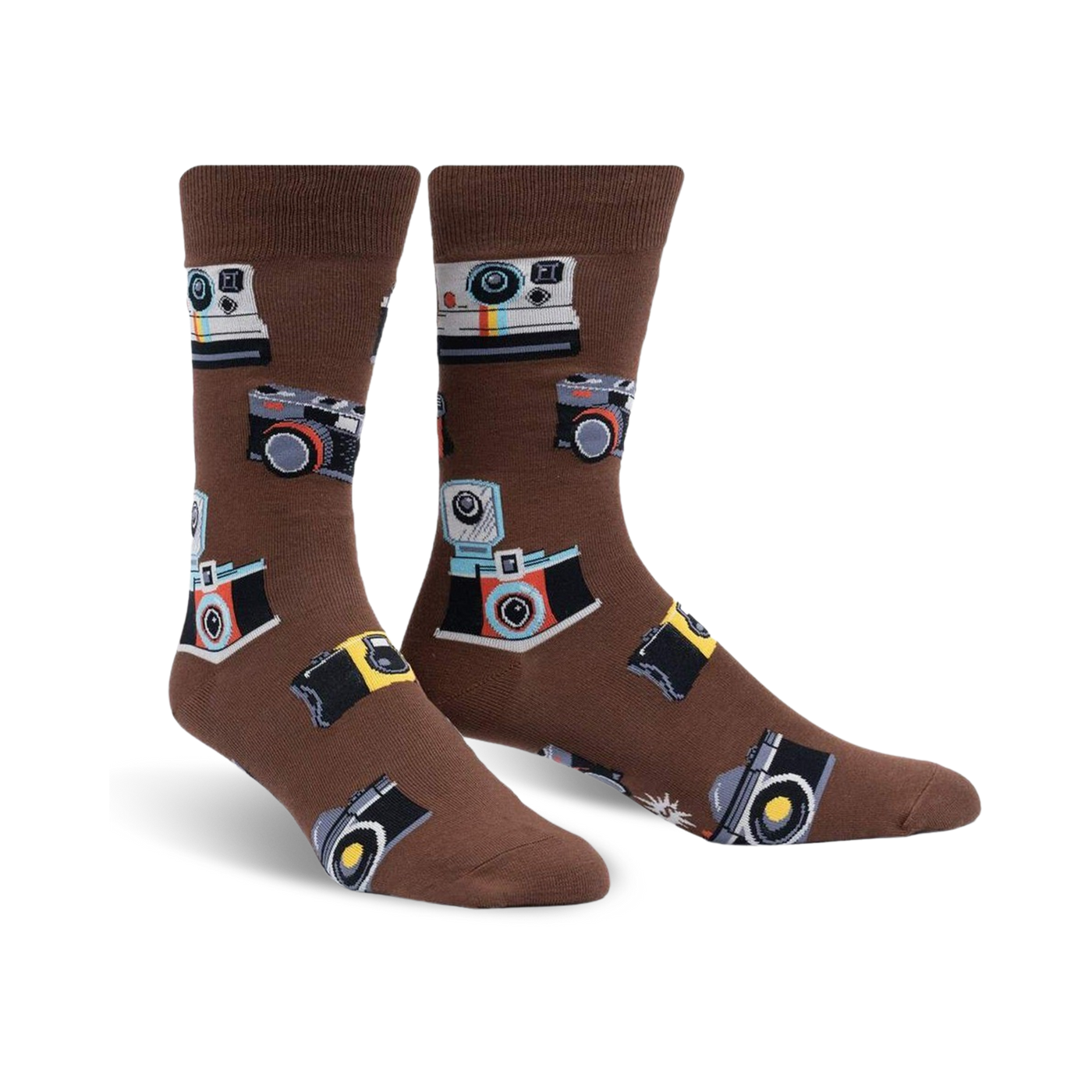 Brown crew socks with a whimsical pattern of vintage and modern cameras in colorful details.