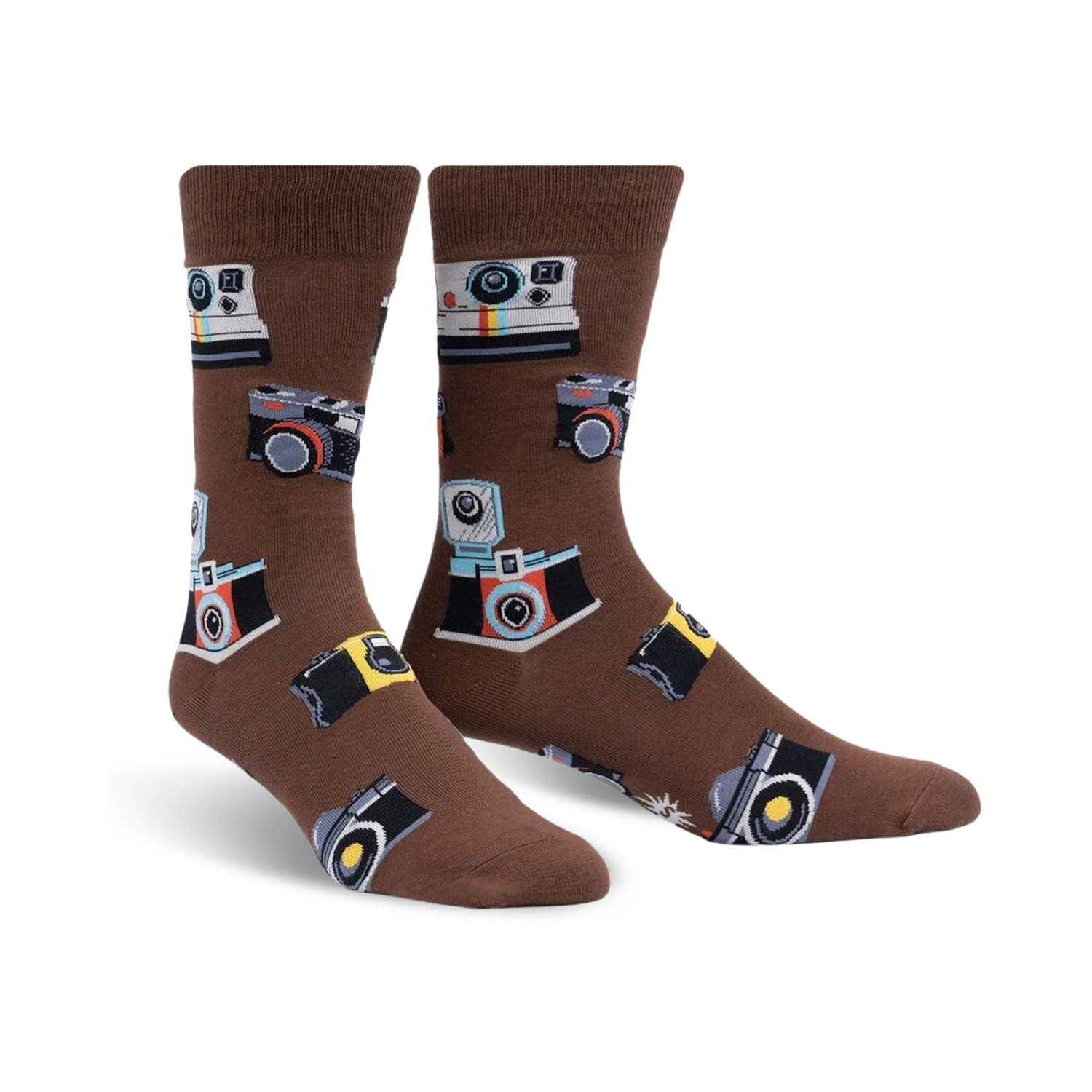 Brown crew socks with a whimsical pattern of vintage and modern cameras in colorful details.