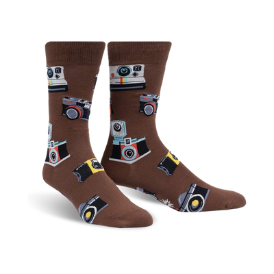 mens brown crew socks with vintage camera pattern   