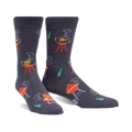 Pair of charcoal grey crew socks with a fun BBQ design. Features red grills, beverages, and whimsical smoke details.
