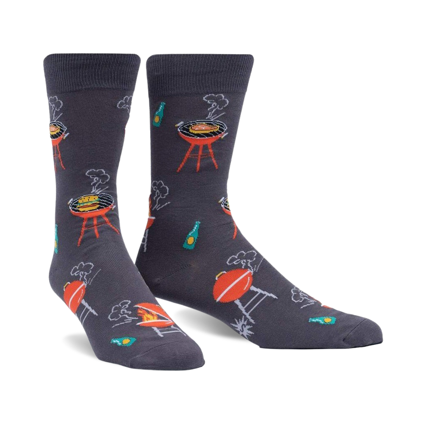 Pair of charcoal grey crew socks with a fun BBQ design. Features red grills, beverages, and whimsical smoke details.