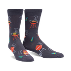 Pair of charcoal grey crew socks with a fun BBQ design. Features red grills, beverages, and whimsical smoke details.