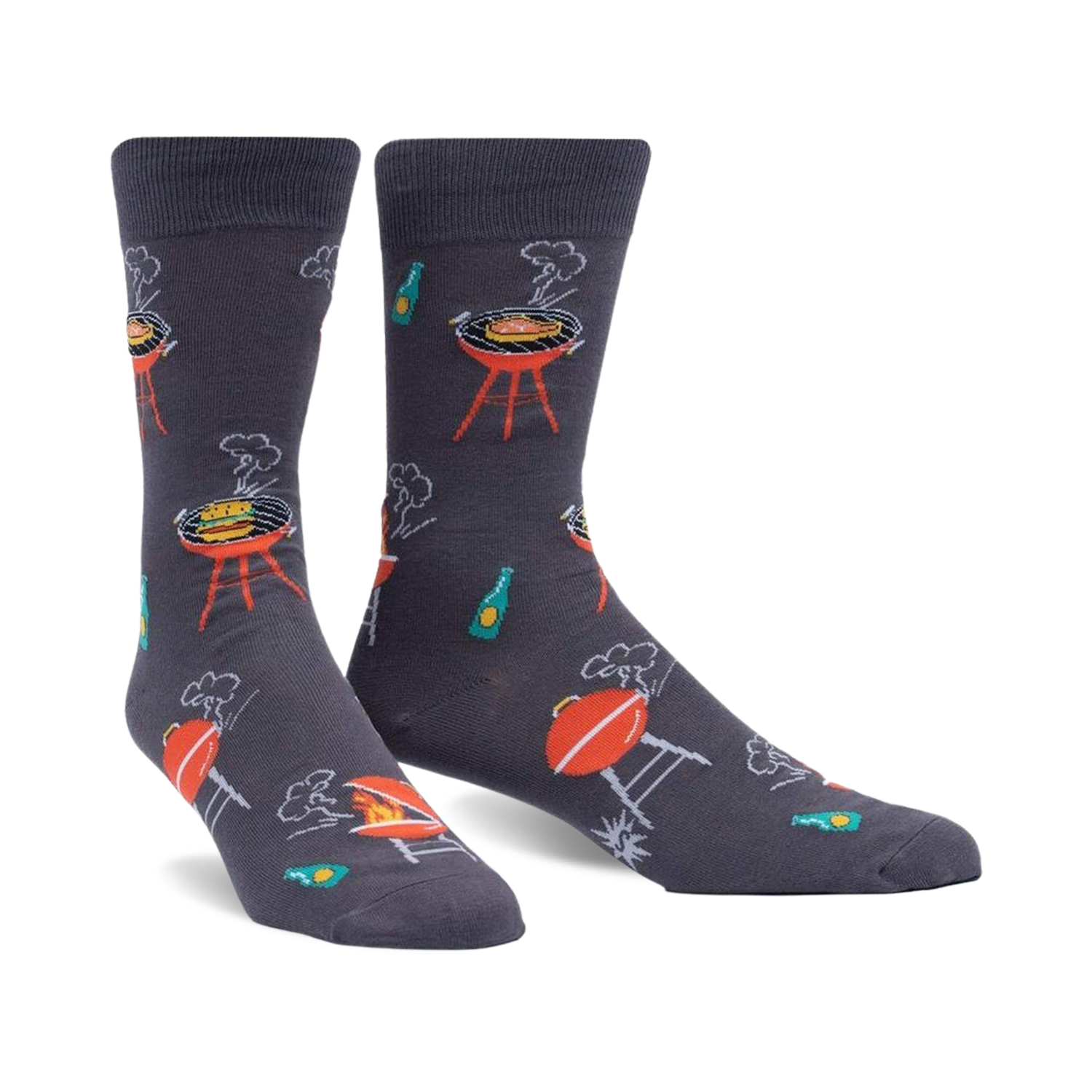 Pair of charcoal grey crew socks with a fun BBQ design. Features red grills, beverages, and whimsical smoke details.
