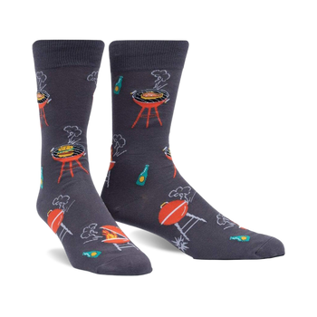 charcoal gray crew socks feature cartoon grill and barbecue design with hot dogs, burgers, flames, and green beer bottle   