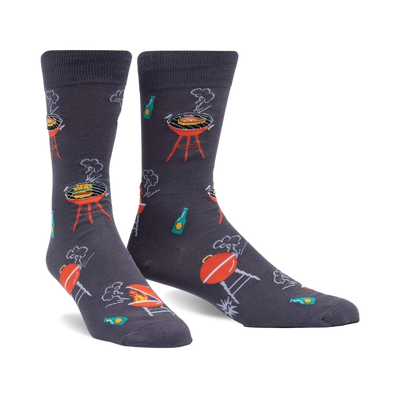 charcoal gray crew socks feature cartoon grill and barbecue design with hot dogs, burgers, flames, and green beer bottle   