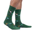 Lifestyle shot of a model's legs wearing the 'My Other Car is a Lawnmower' socks. Shows how the socks look while worn.