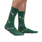 Lifestyle shot of a model's legs wearing the 'My Other Car is a Lawnmower' socks. Shows how the socks look while worn.