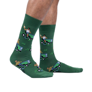 Lifestyle shot of a model's legs wearing the 'My Other Car is a Lawnmower' socks. Shows how the socks look while worn.