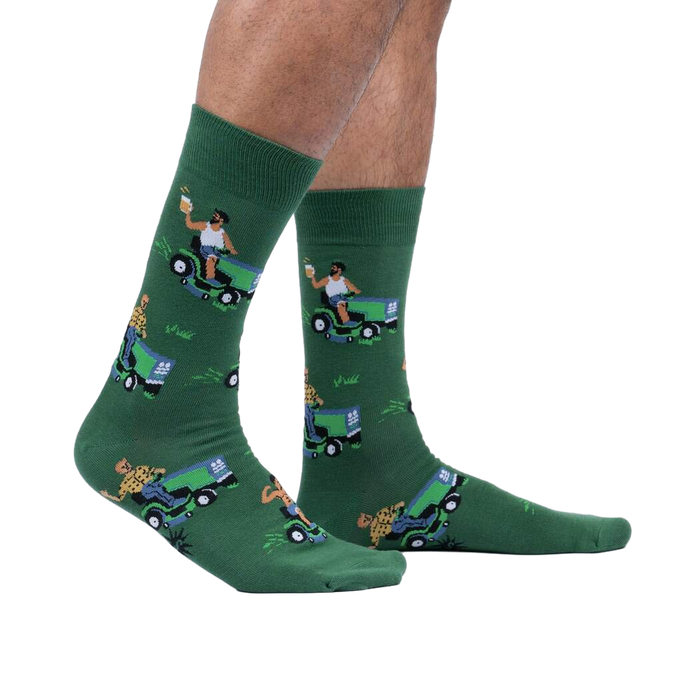 Lifestyle shot of a model's legs wearing the 'My Other Car is a Lawnmower' socks. Shows how the socks look while worn.
