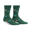 Pair of men's green crew socks. Features a repeating pattern of a man on a lawnmower, drinking a beer, against a green background.