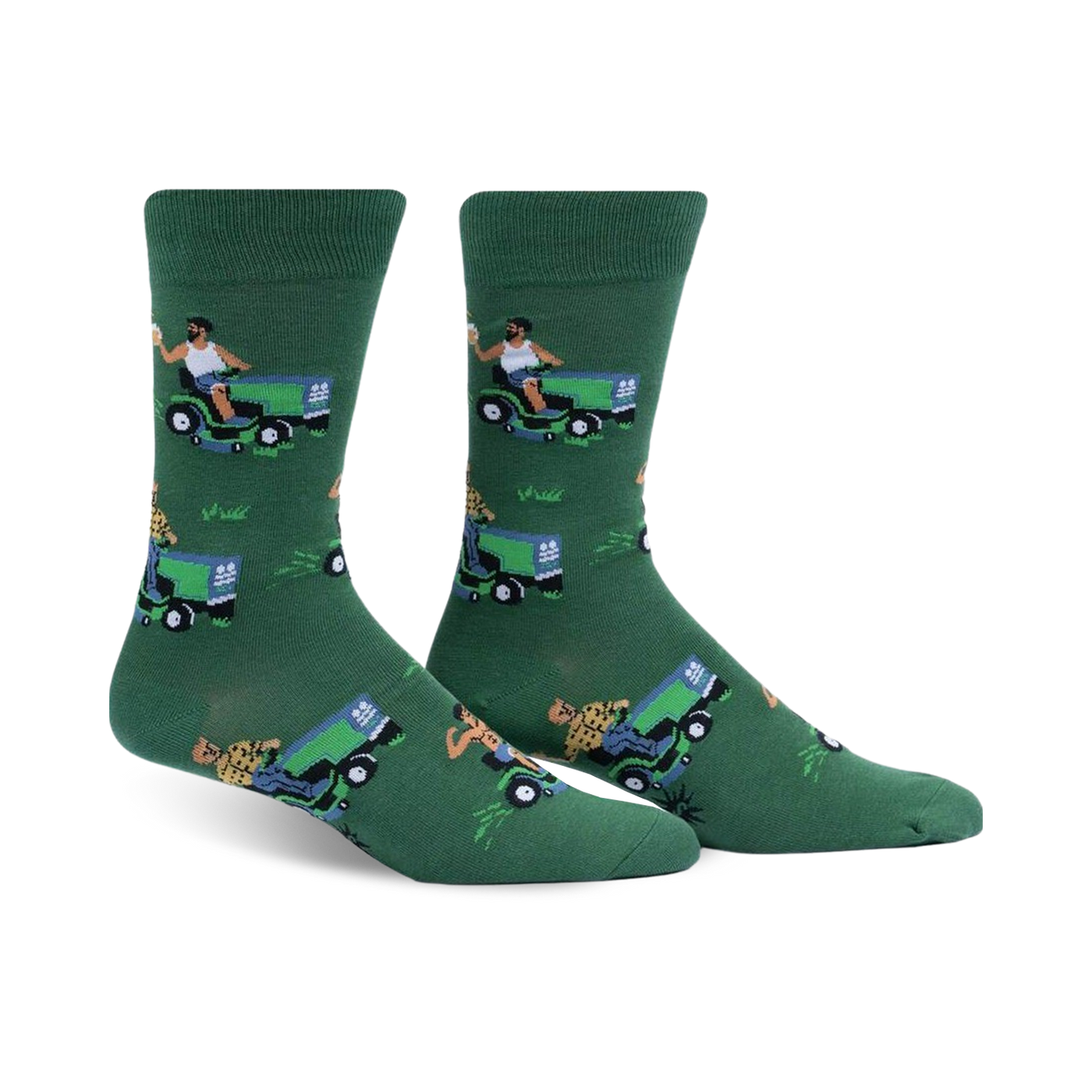 Pair of men's green crew socks. Features a repeating pattern of a man on a lawnmower, drinking a beer, against a green background.